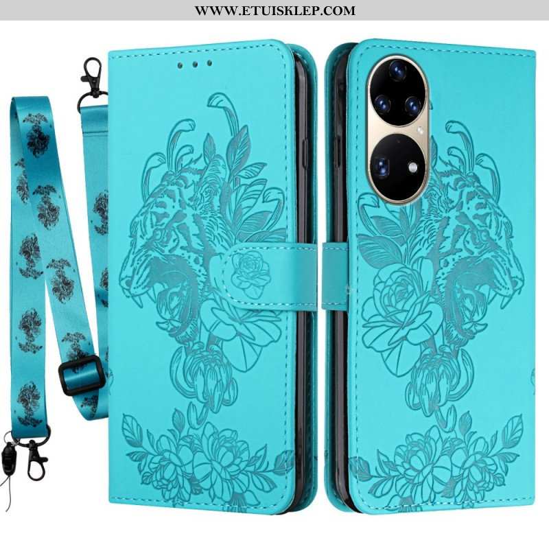 Etui Folio do Huawei P50 Pro z Łańcuch Barokowy Tygrys Z Paskami